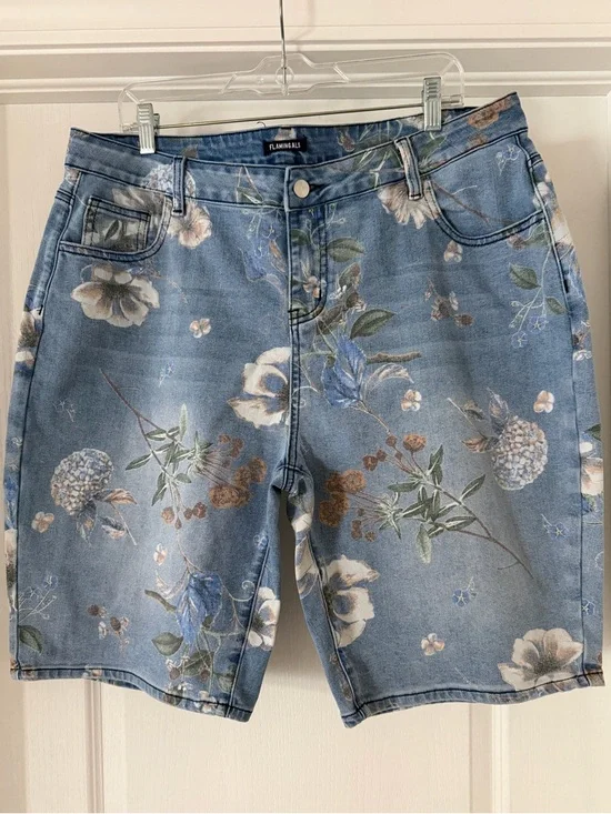 Flamingals Floral Print Denim Ladies Shorts - Blue - Picture 1 of 3